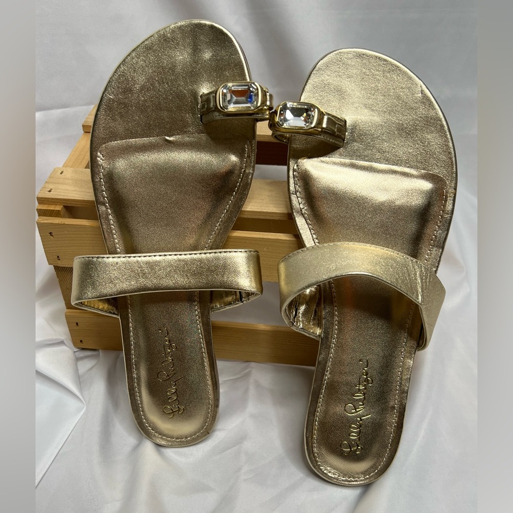 NWOT Lilly Pulitzer Callie Gold Metallic Sandals with Crystal Toe Strap - Picture 10 of 10
